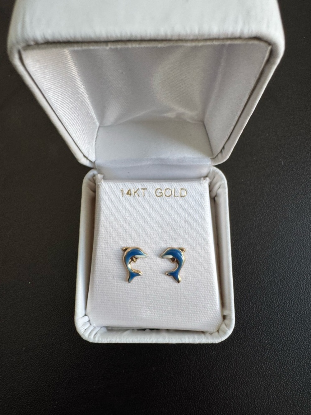 14K Gold Blue Enamel Dolphin Stud Earrings - Women Jewelry